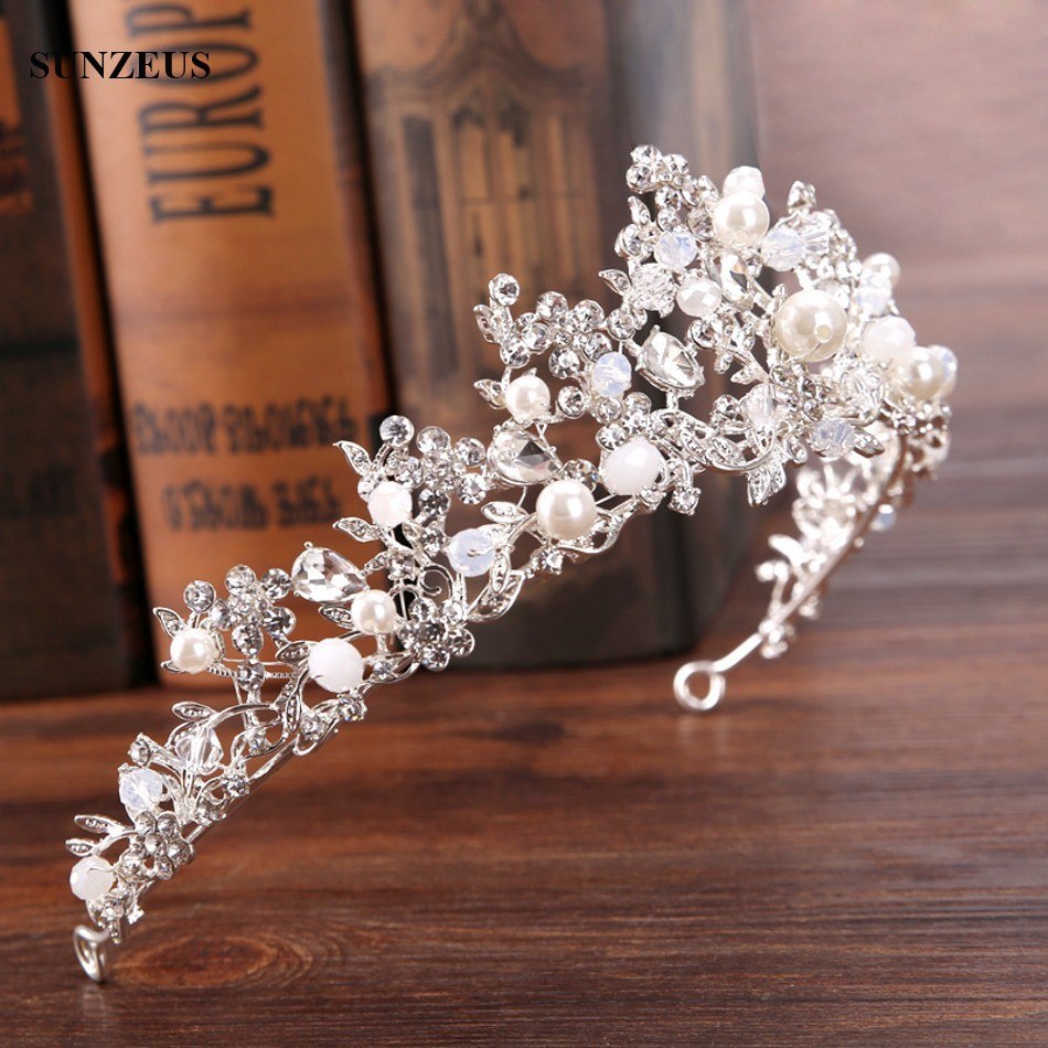 Silver Crystal Bridal Tiara With Pearls Headband Wedding Crown For Brides Marriage Accessories