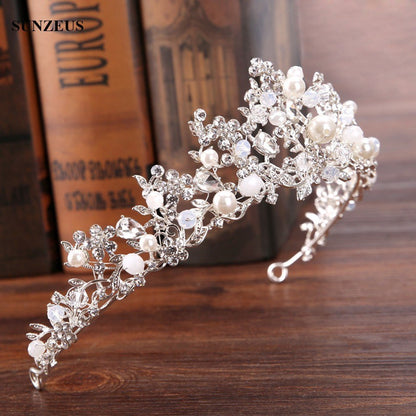 Silver Crystal Bridal Tiara With Pearls Headband Wedding Crown For Brides Marriage Accessories